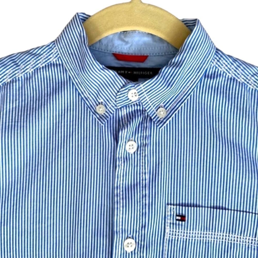 TOMMY HILFIGER Boys Blue Striped Button Down Shirt Size 7 - Picture 6 of 11